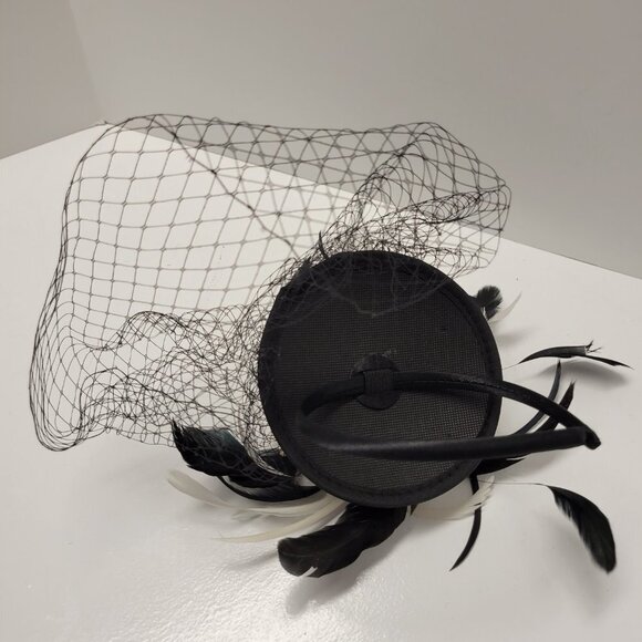 Black Headband Feathers Fascinator with Black netting on Headband - Picture 13 of 15